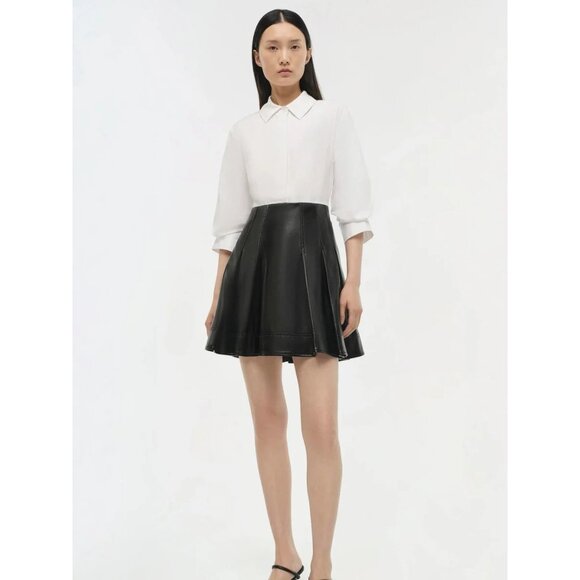 SIMKHAI Padma Poplin Combo Mini Dress in Black 6 New Womens Vegan Faux Leather - Picture 13 of 15